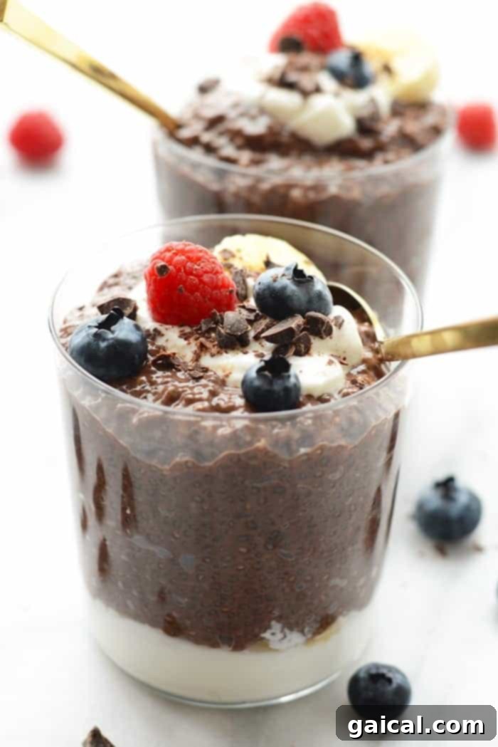 A serving of smooth chocolate chia seed pudding in a glass cup.