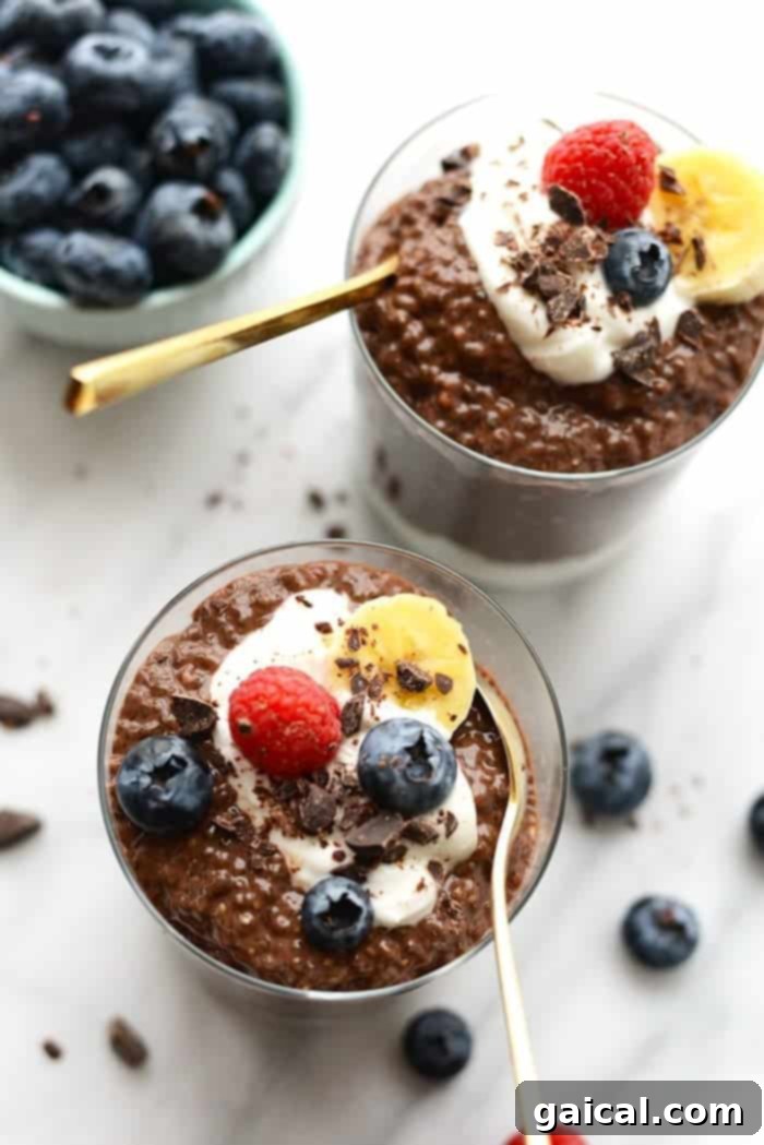 Close-up of chocolate chia seed pudding with fresh berries and chocolate shavings in a glass cup.