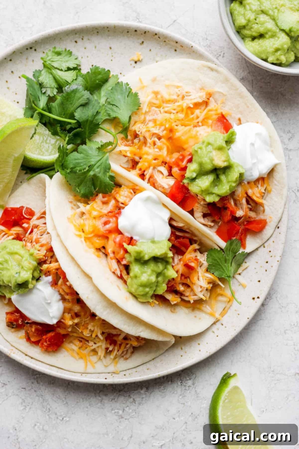 A vibrant plate of tender crockpot chicken tacos, garnished with fresh cilantro and a squeeze of lime, ready to be enjoyed.
