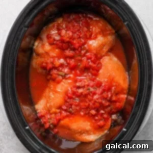 Chicken breasts fully covered with salsa in the slow cooker before cooking.