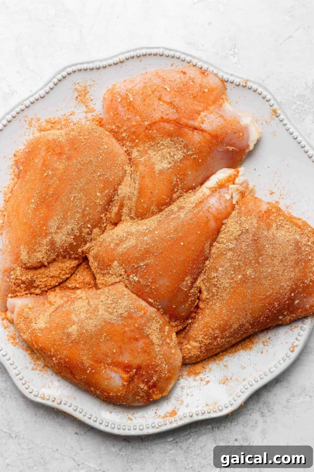 Raw chicken breast perfectly coated in a vibrant homemade taco seasoning blend on a white plate, ready for slow cooking.
