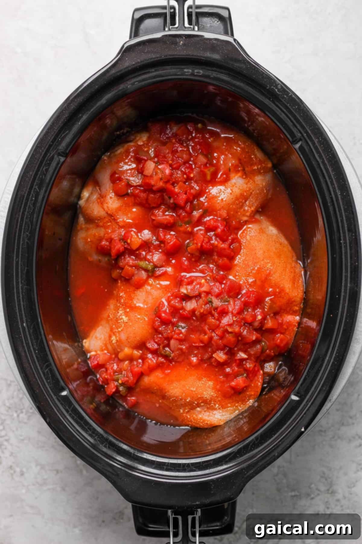 Boneless, skinless chicken breasts covered generously with chunky red salsa in a slow cooker, ready to cook.