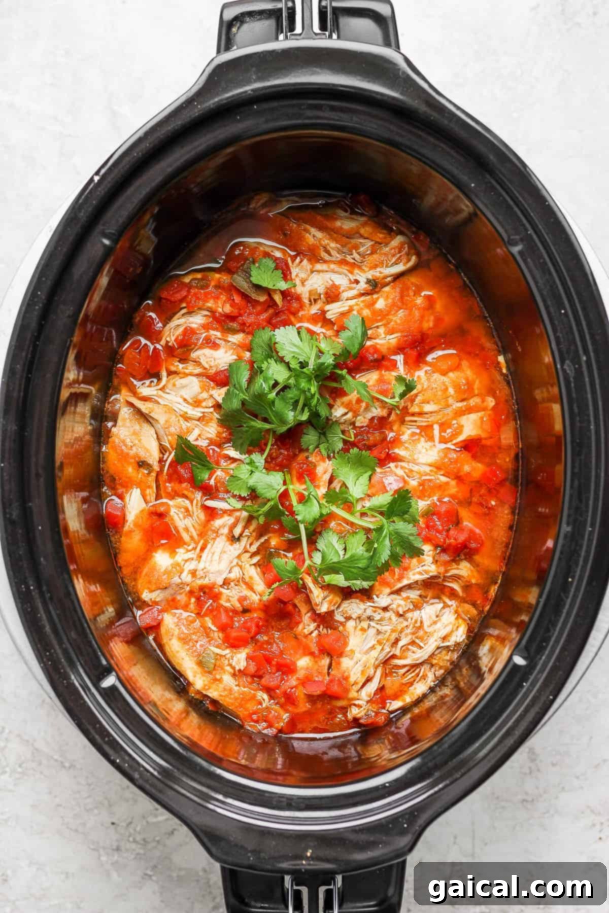 Close-up of shredded chicken taco meat, mixed with salsa and topped with fresh cilantro, inside a slow cooker.