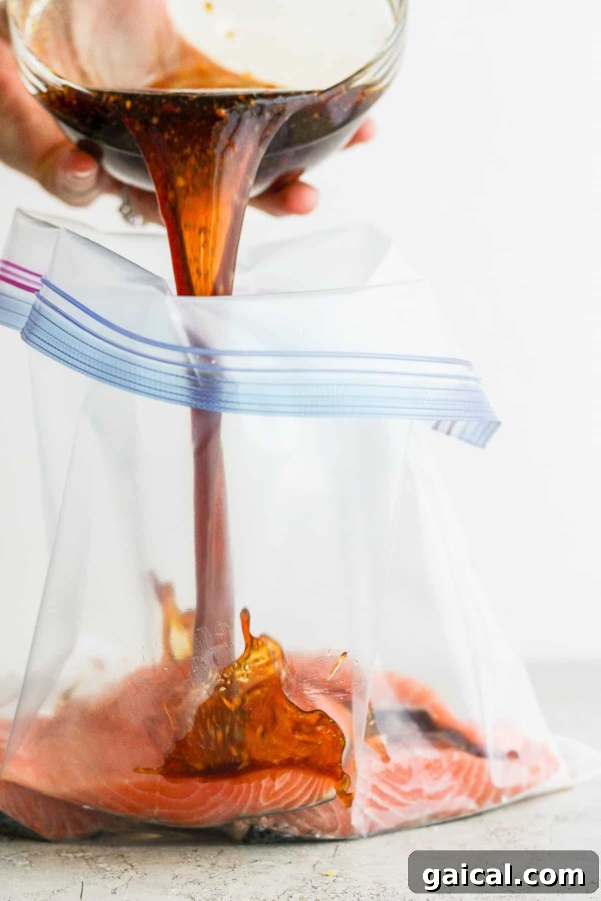 Marinating Salmon for Teriyaki Salmon fillets marinating in a plastic bag with rich teriyaki sauce.