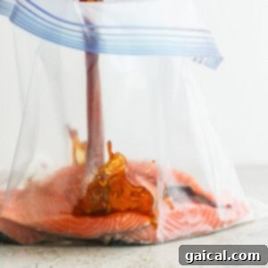 Sticky Teriyaki Salmon 7 Salmon fillets in a plastic bag, marinating in teriyaki sauce.