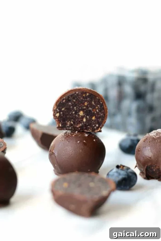 Platter of homemade blueberry cashew energy truffles, some dipped in dark chocolate, others showing their vibrant blue interior.
