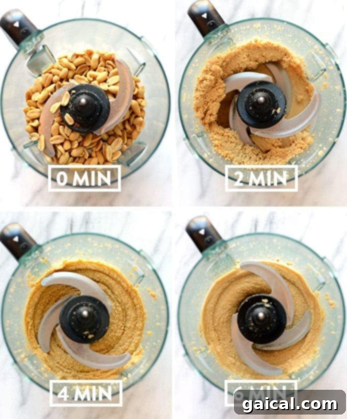 Peanuts transforming into creamy peanut butter in a food processor, illustrating the process.