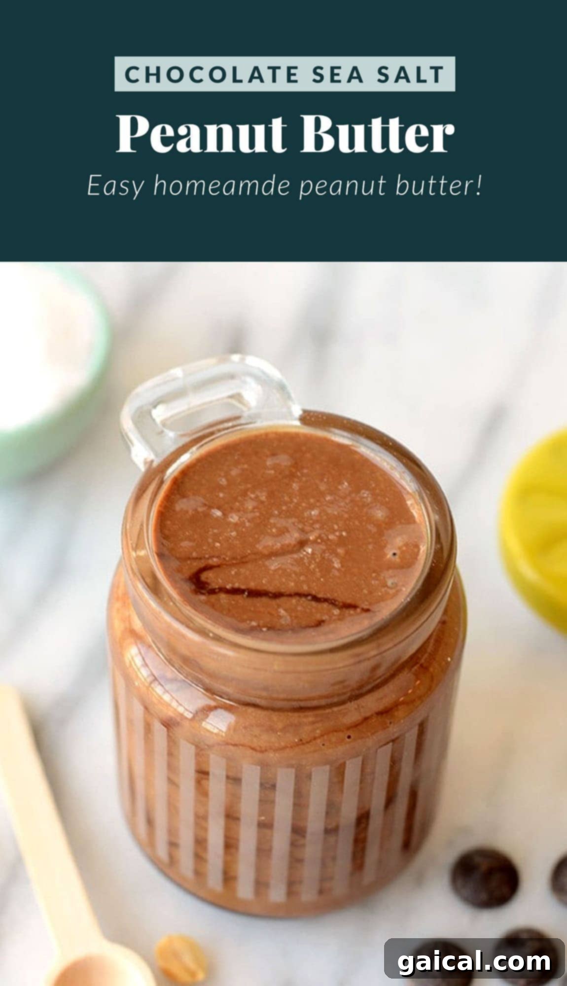 Close-up of creamy chocolate sea salt peanut butter, showing its rich texture and flecks of salt.