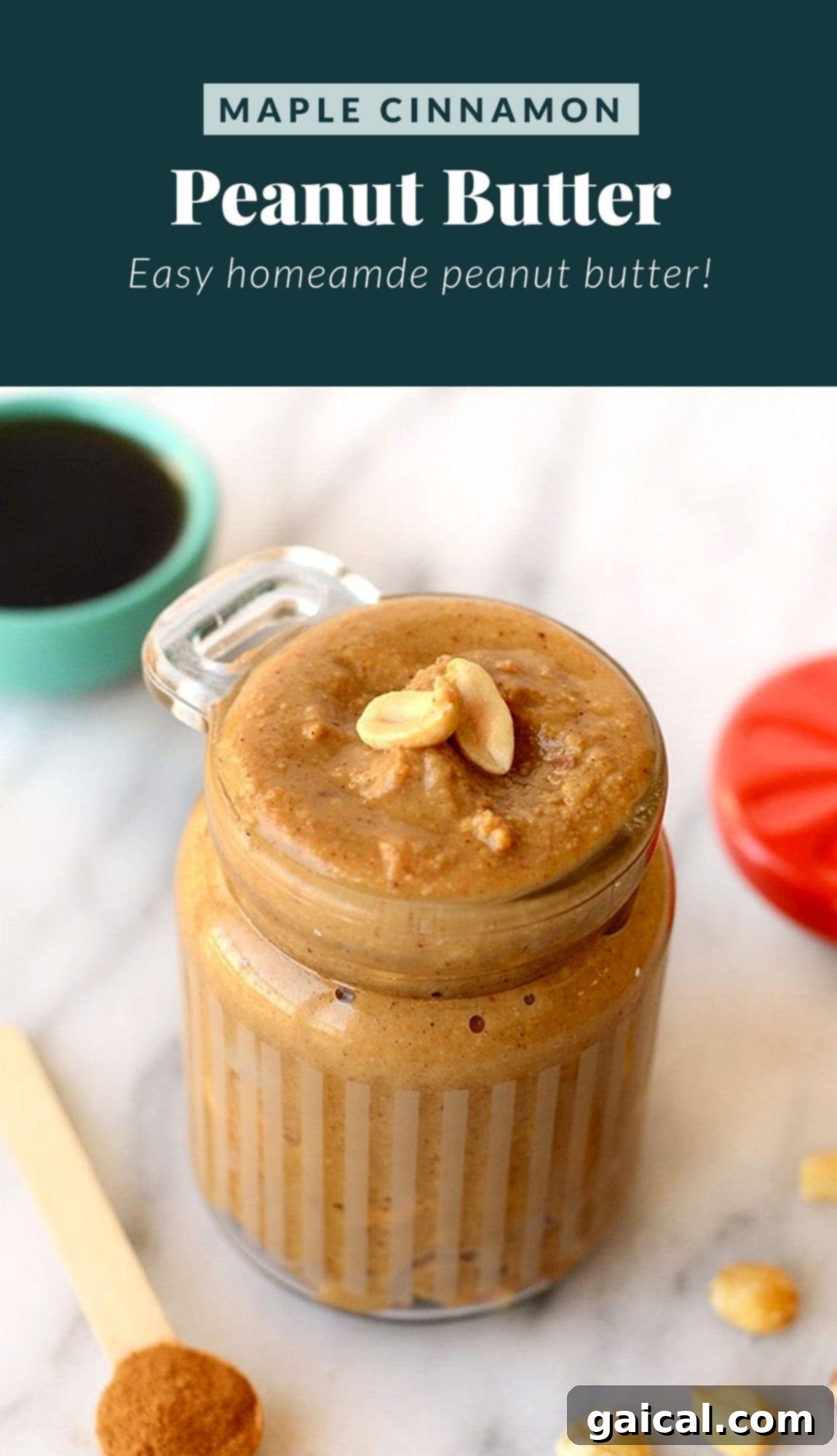 Crunchy maple cinnamon peanut butter with visible peanut pieces, emphasizing its texture.