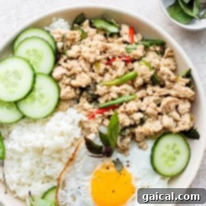 Som Tum 3 A vibrant bowl of Thai Basil Chicken Stir Fry (Pad Krapow) served with rice and a fried egg.