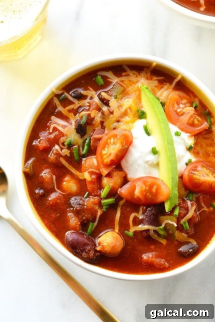 Satisfying Vegetarian Beer Chili A beautifully presented bowl of vegetarian beer chili, perfect for a cozy meal.