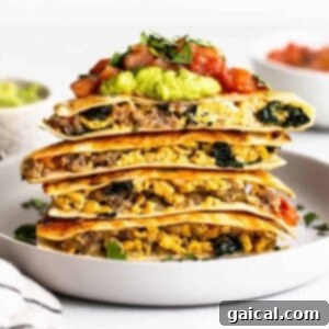 Breakfast quesadillas on a plate, ready to eat.
