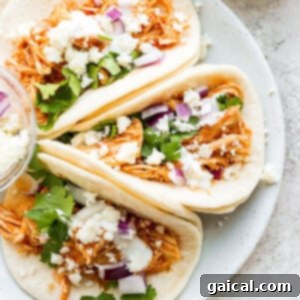 Smoky Chipotle Chicken 4 Three chicken tacos on a white plate.