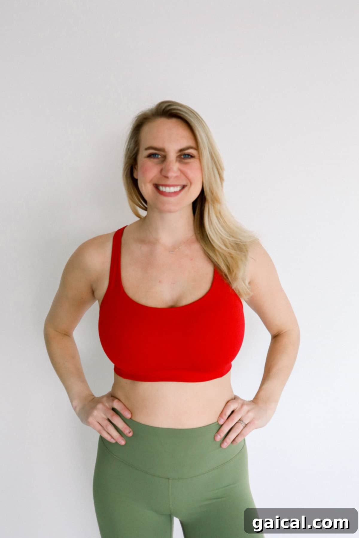 Lululemon All Powered Up Bra for Workouts Woman wearing a Lululemon All Powered Up Bra, providing excellent support for high-impact workouts during pregnancy and postpartum.