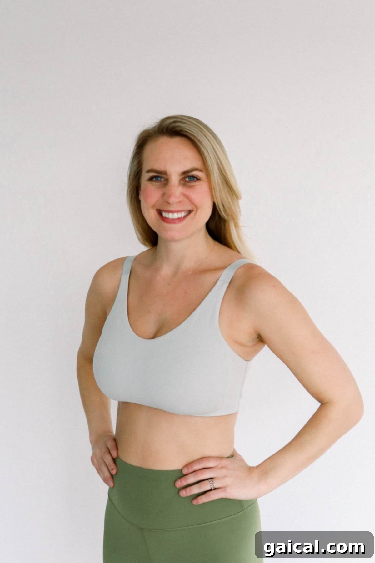 Lululemon In-Alignment Bra for Daily Wear Woman wearing a Lululemon In-Alignment Bra, praised for its versatility and comfort as an everyday maternity and nursing bra.