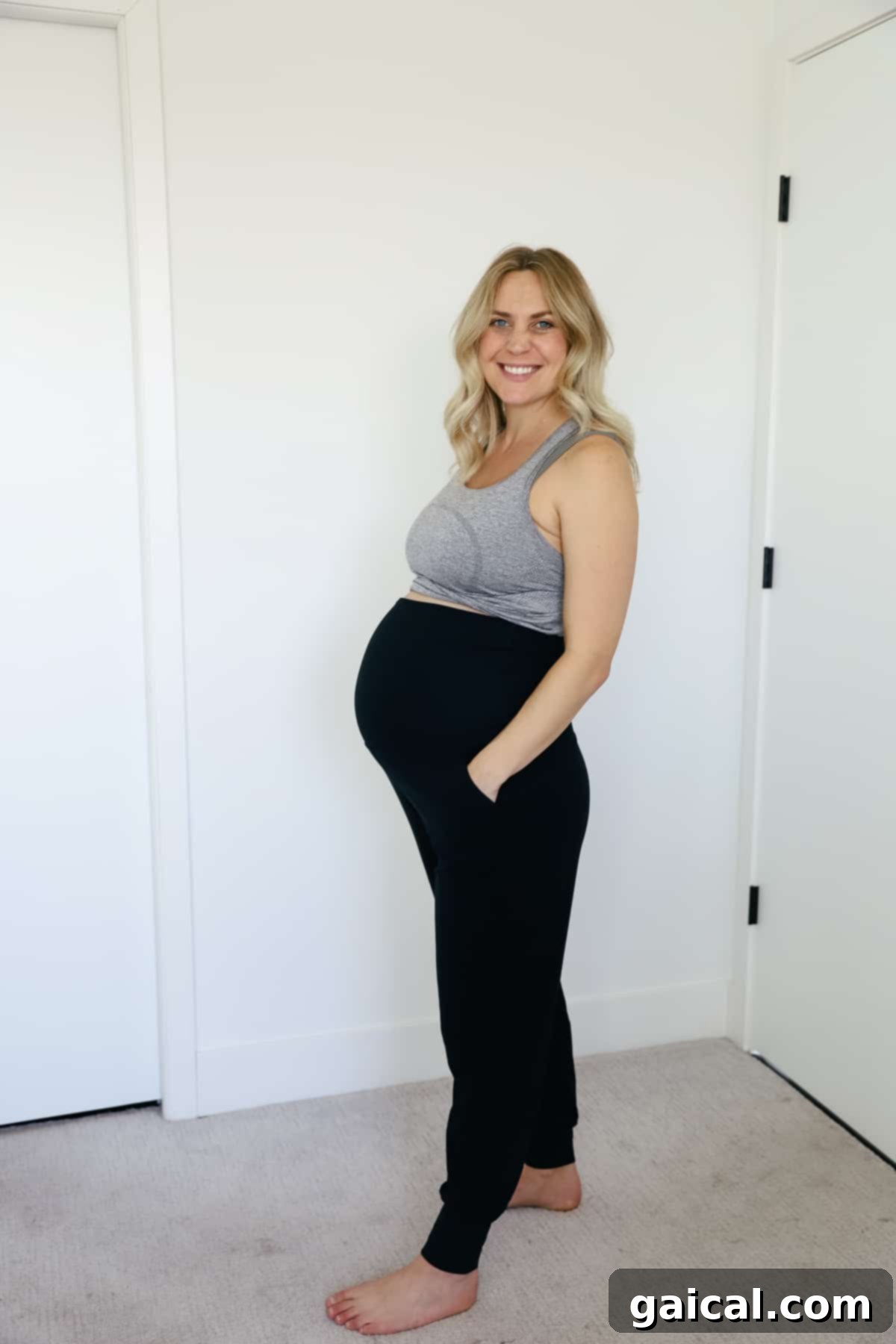 Lululemon Maternity and Postpartum Must-Haves 7 Woman showcasing the versatile waistband of Lululemon Align Joggers, perfect for accommodating a growing belly.