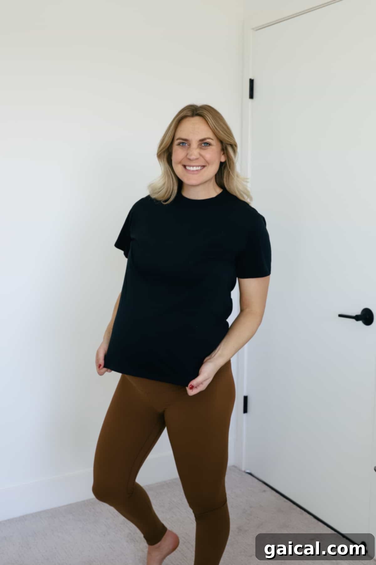 Lululemon Maternity and Postpartum Must-Haves 3 Woman wearing a Lululemon All Yours Cotton T-Shirt, a versatile and comfortable top for maternity and postpartum.