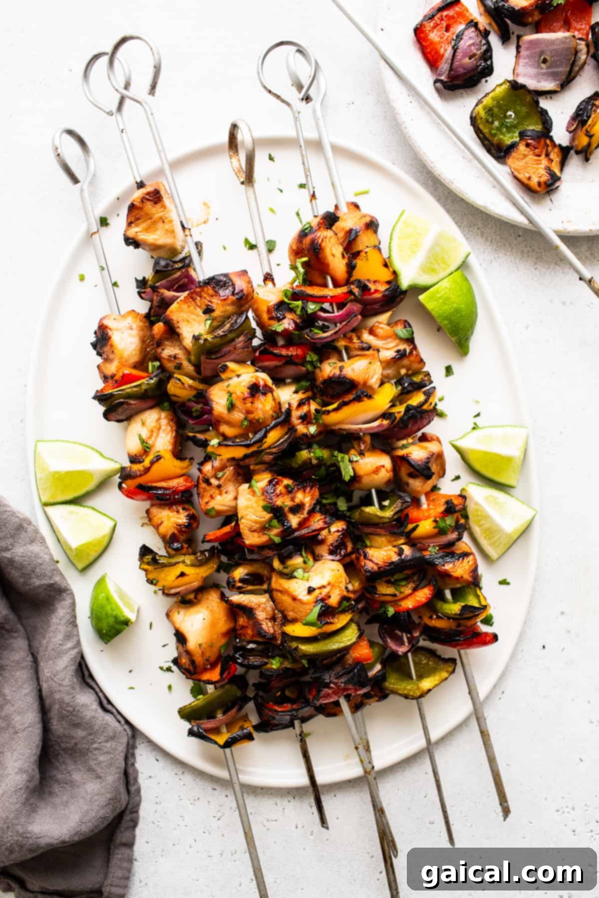 Kaleidoscope Chicken Skewers 8 Freshly grilled chicken kabobs arranged artfully on a white plate.