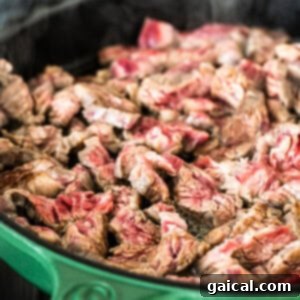 Sizzling Steak Fajitas 9 Searing sliced steak in a green frying pan.