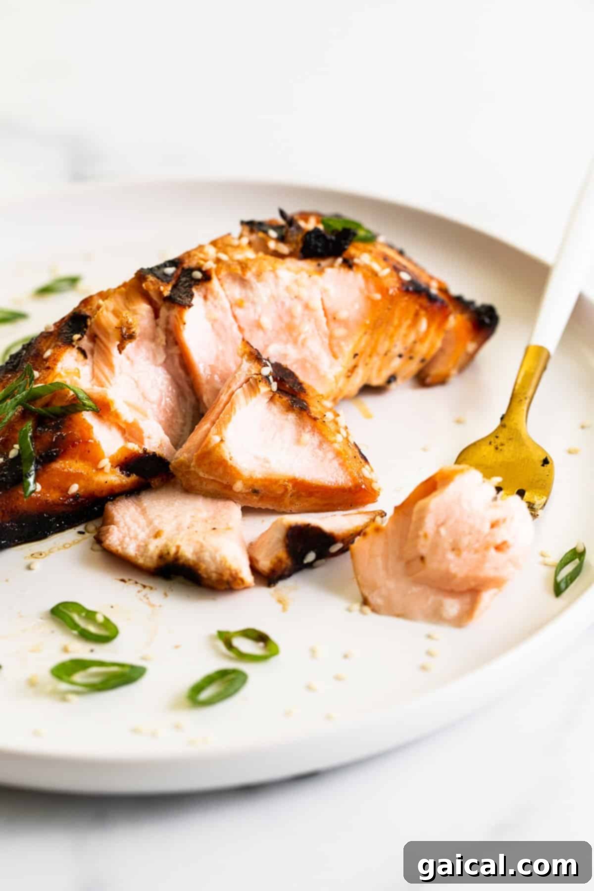 This yummy honey glazed salmon comes our caramelized and flakey. It's made with honey, soy sauce, and fresh ginger! A beautifully presented honey glazed salmon fillet on a white plate with fresh garnishes.