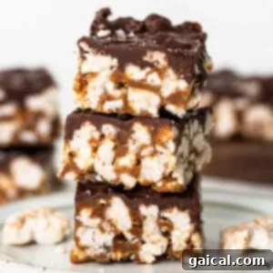 Rice Cake Dream Bars 11 A stack of chocolate graham cracker bars on a plate, showing the finished product.