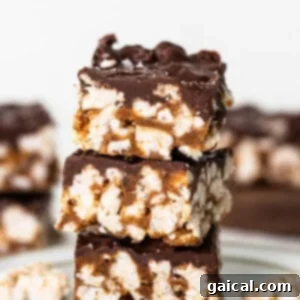 Rice Cake Dream Bars 7 A stack of chocolate peanut butter fudge bars on a plate, highlighting the rich topping and chewy base.