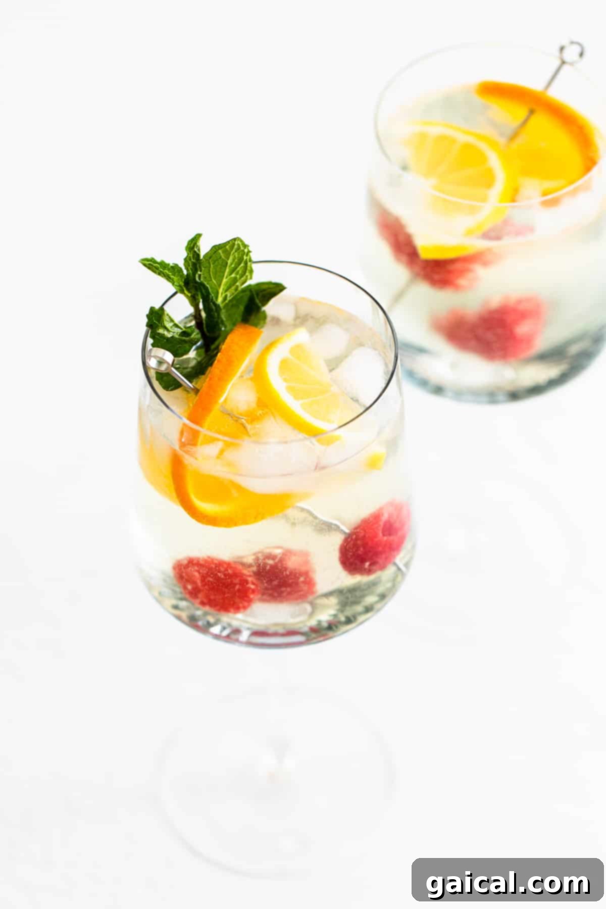 Crisp White Wine Refresher 2 A refreshing white wine spritzer served in an elegant wine glass, garnished with fresh fruit slices, ready to be enjoyed on a warm day.