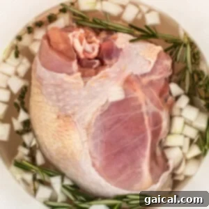 Turkey breast brining in a bucket with herbs and onion.