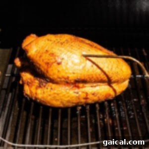 A turkey breast smoking beautifully on a grill, surrounded by smoke.
