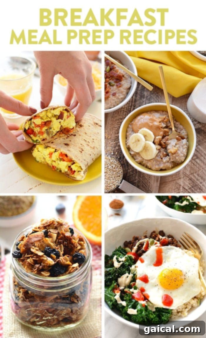Smart Fueling Weekly Prep 2 Selection of healthy meal prep breakfast ideas including burritos, oatmeal, granola, and breakfast bowls, perfect for busy mornings.