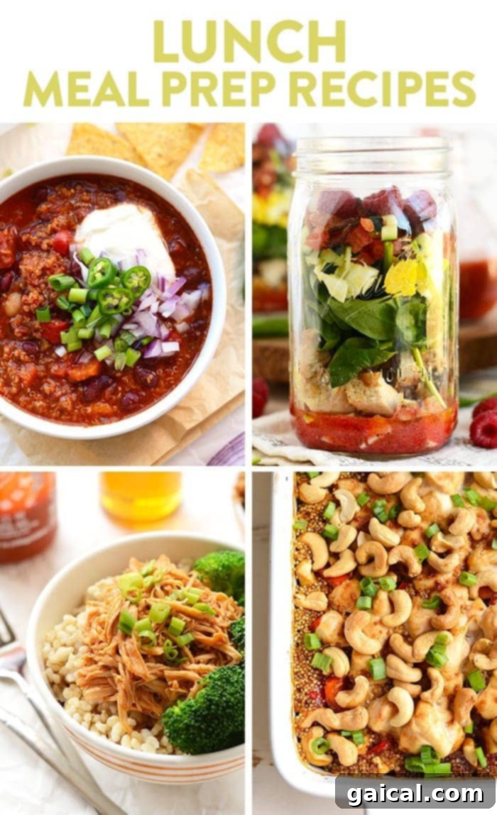 Make your weekday lunches a breeze with some of our favorite meal ideas from Fit Foodie Finds. These recipes have multiple servings and can be portioned out and packaged up for an easy meal-prep lunch all week long. Assortment of healthy meal prep lunch recipes including chili, mason jar salads, crock-pot chicken, and quinoa bakes, perfect for easy weekday meals.