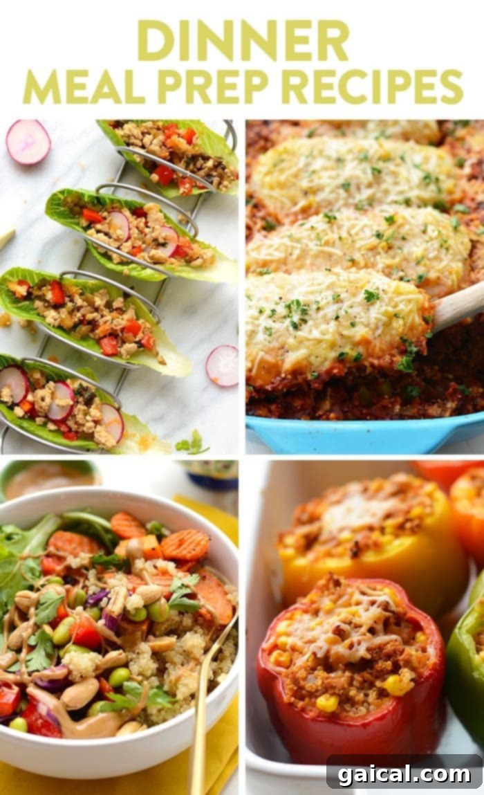 The last thing you want to do when you get home from a crazy day at work is make dinner. I feel you. Here are some of our favorite healthy meal prep dinner recipes that are flavorful and good for you, too! Variety of healthy meal prep dinner recipes including Thai chicken lettuce wraps, chicken parmesan quinoa bake, Thai coconut quinoa bowls, and Mexican stuffed peppers.