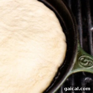 Cast Iron Pizza Oven and Grill 9 pizza dough cooking in a cast iron skillet on a grill.