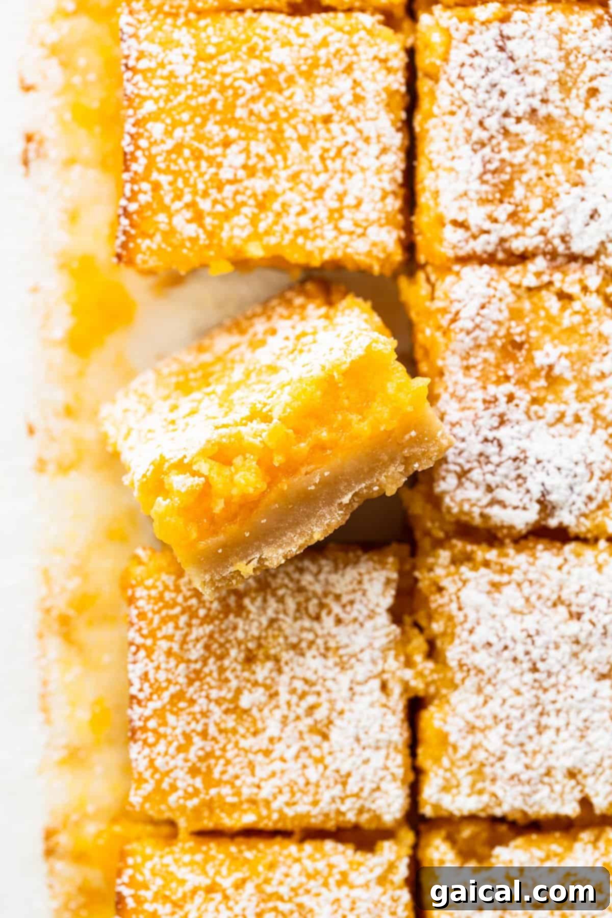 Zesty Lemon Bars 6 Beautifully sliced lemon bars, ready to serve.