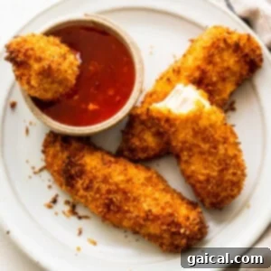 A tantalizing image of air fryer coconut chicken tenders, showcasing their golden, crunchy coating.