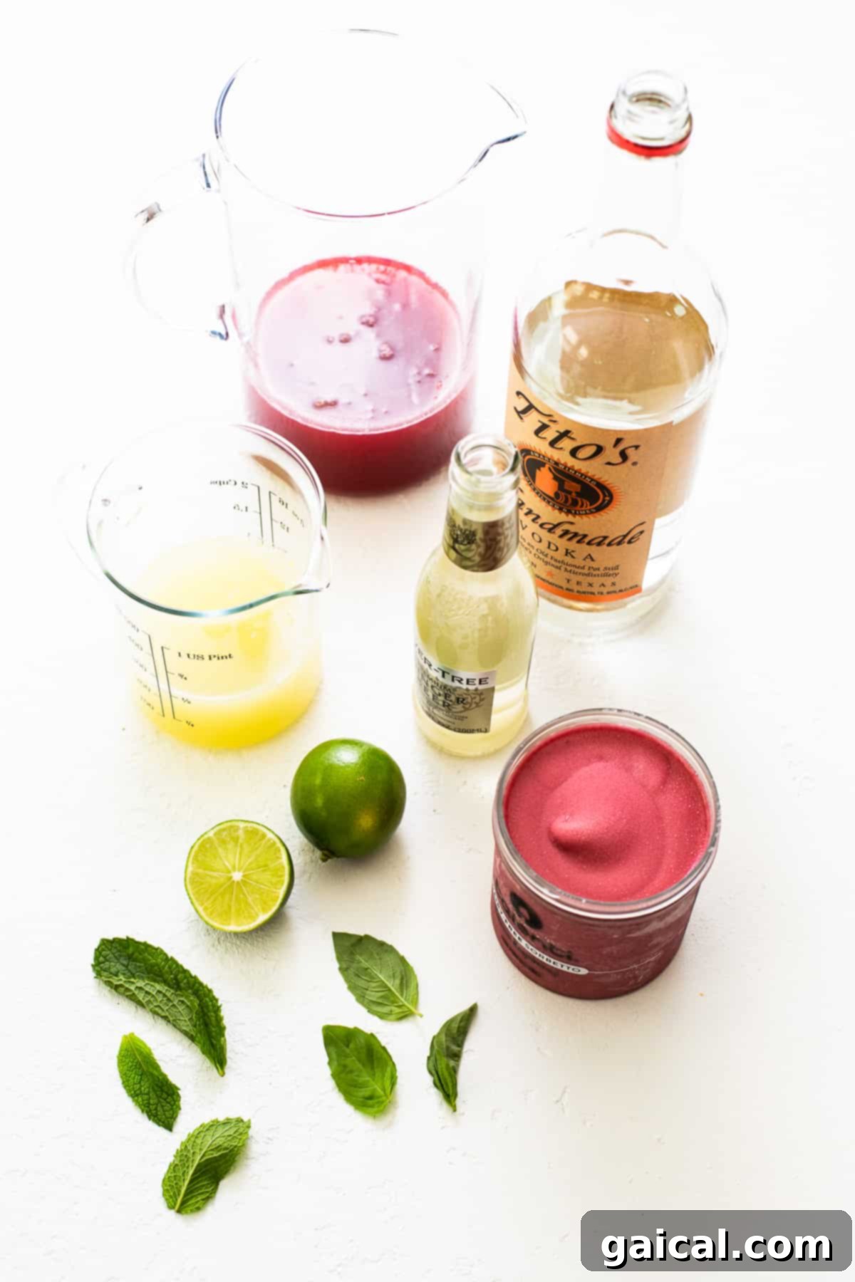 Fresh and Simple Ingredients for Your Perfect Raspberry Vodka Punch A vibrant selection of fresh ingredients including ripe raspberries, bright limes, fragrant mint and basil leaves, a jar of honey, and a bottle of vodka, all ready for the summer punch preparation.
