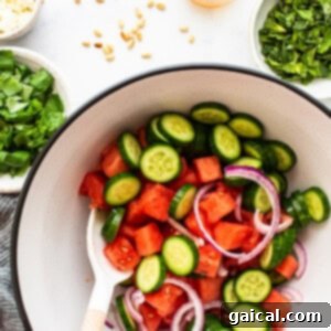 Watermelon and cucumber salad in a bowl.