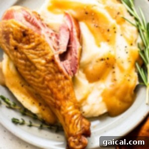 Smoked turkey leg served with creamy mashed potatoes.
