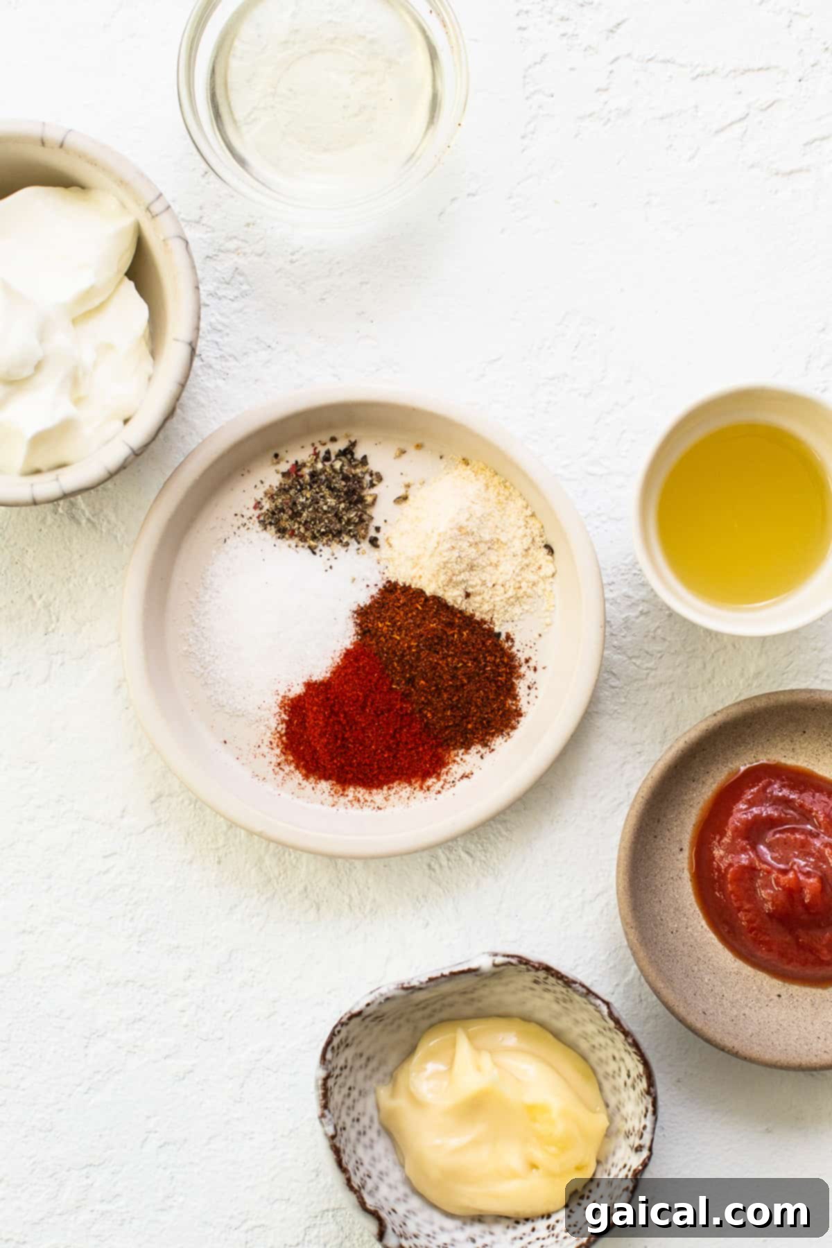 Bowls of fresh ingredients for easy burger sauce laid out on a table.