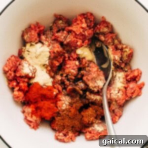 A bowl of meat and spices with a spoon.