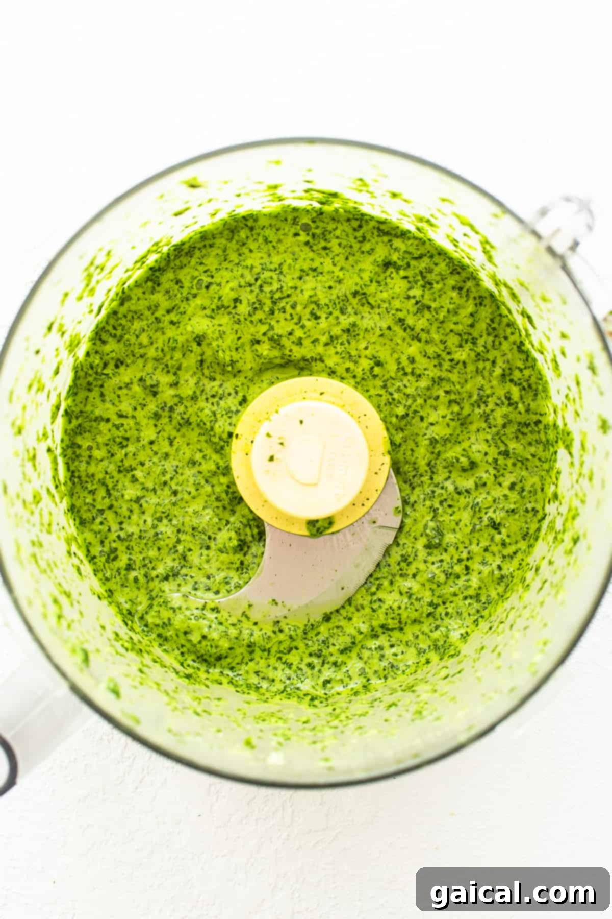 Making Green Sauce in Food Processor Fresh ingredients for green sauce, including herbs, garlic, and green onions, being placed into a food processor for blending.