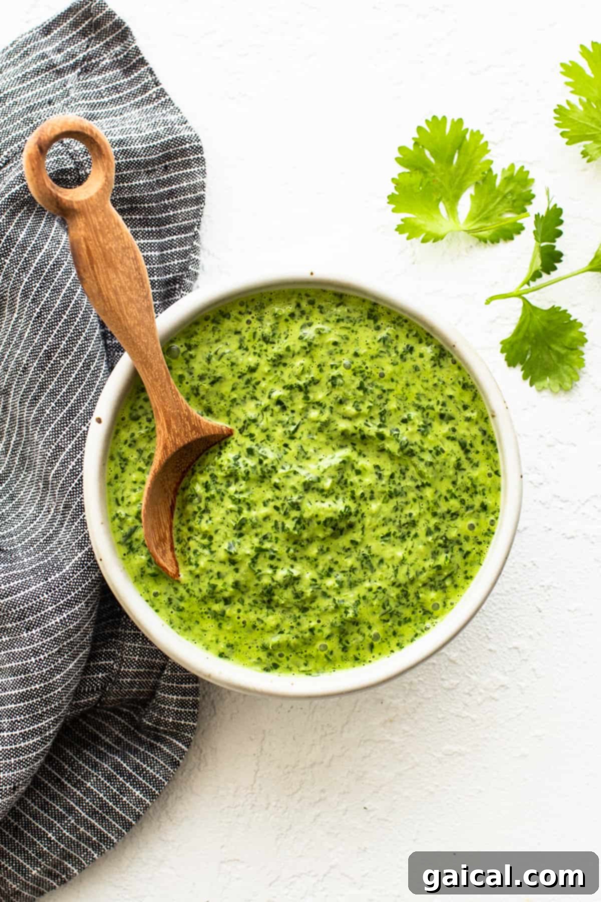 Green Sauce in Bowl A beautiful bowl of green sauce with a wooden spoon resting in it, ready for serving or storage.