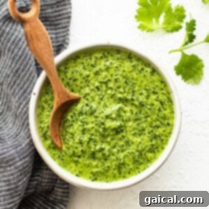 Vibrant Herb Dressing 5 A bowl of vibrant green sauce with a wooden spoon resting in it, ready for serving.