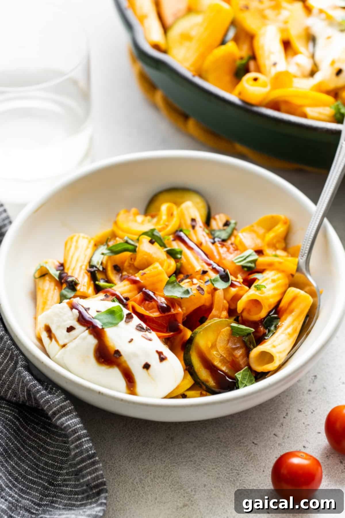 Vibrant Summer Squash Pasta 6 Summer squash pasta in a bowl with burrata, garnished with fresh basil and a balsamic drizzle.