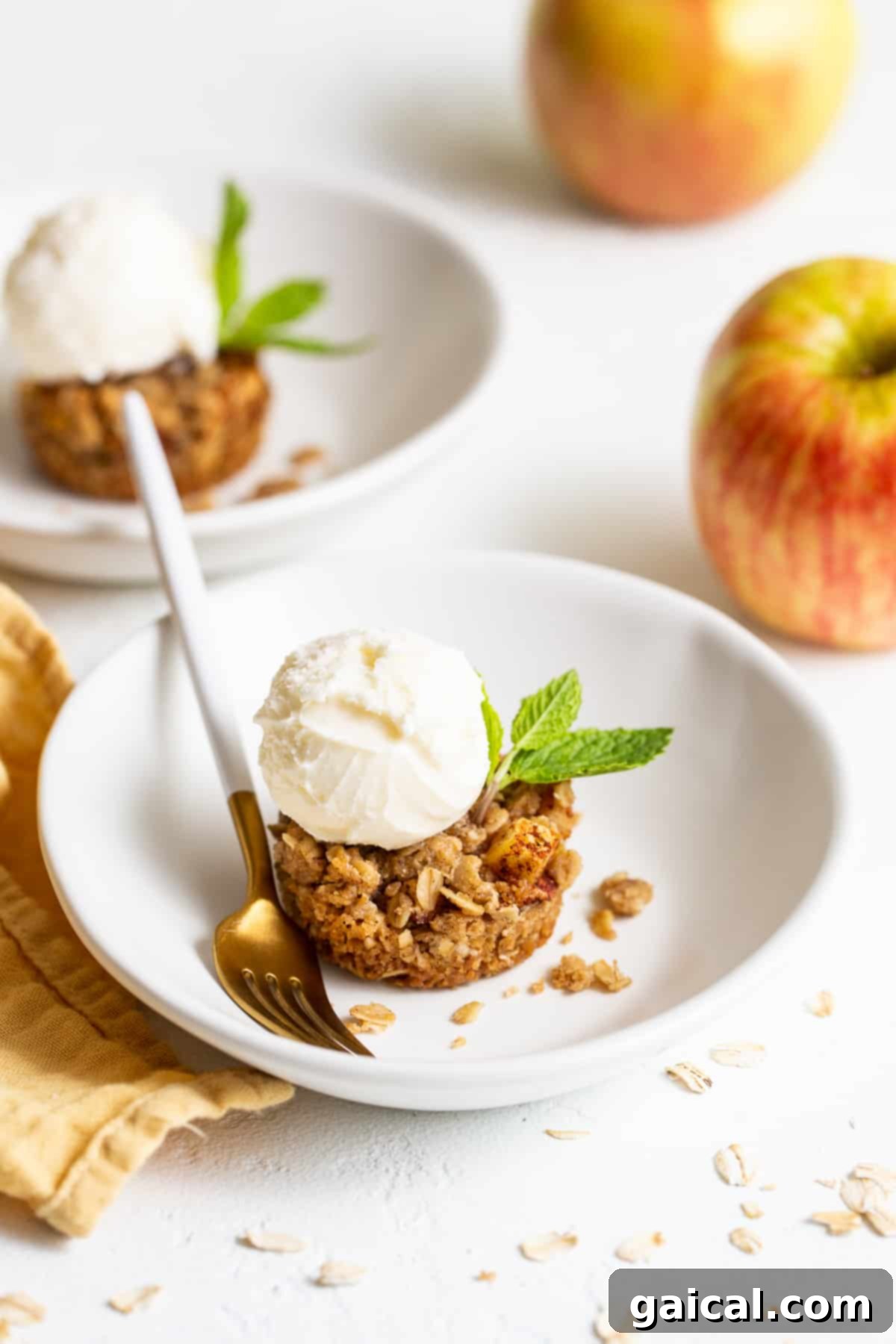 Mini apple crisps are a fun way to serve traditional apple crisps but in a single serving. Top them with vanilla ice cream for the perfect fall dessert. A beautifully presented mini apple crisp in a bowl, generously topped with melting vanilla ice cream and a delicate caramel drizzle, highlighting its single-serve appeal.
