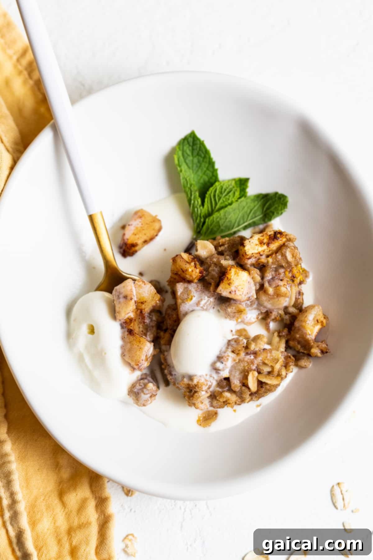 Mini apple crisps are a fun way to serve traditional apple crisps but in a single serving. Top them with vanilla ice cream for the perfect fall dessert. A mini apple crisp served elegantly in a white bowl, adorned with a scoop of rich vanilla ice cream, creating a perfect autumnal dessert presentation.