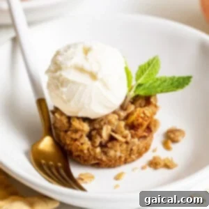 Bite-sized Apple Crisps 2 A single mini apple crisp in a bowl, showing its golden crumble topping and a hint of the apple filling.