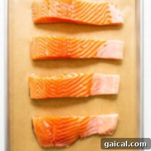 Cajun-Spiced Salmon Fillet 9 Raw salmon fillets neatly arranged on a parchment-lined baking sheet, blotted dry and ready for seasoning.