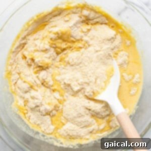 A bowl of batter with a wooden spoon in it.