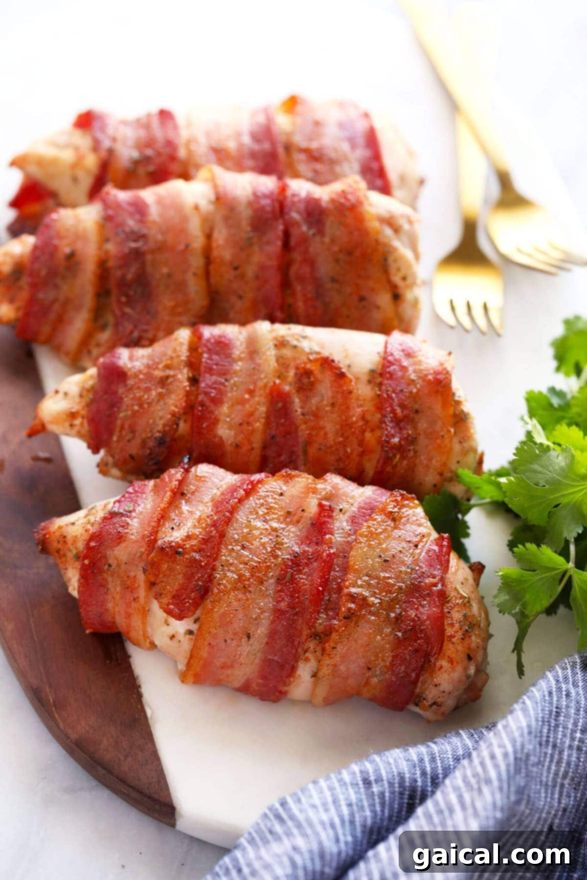 sliced bacon wrapped chicken ready for a salad
